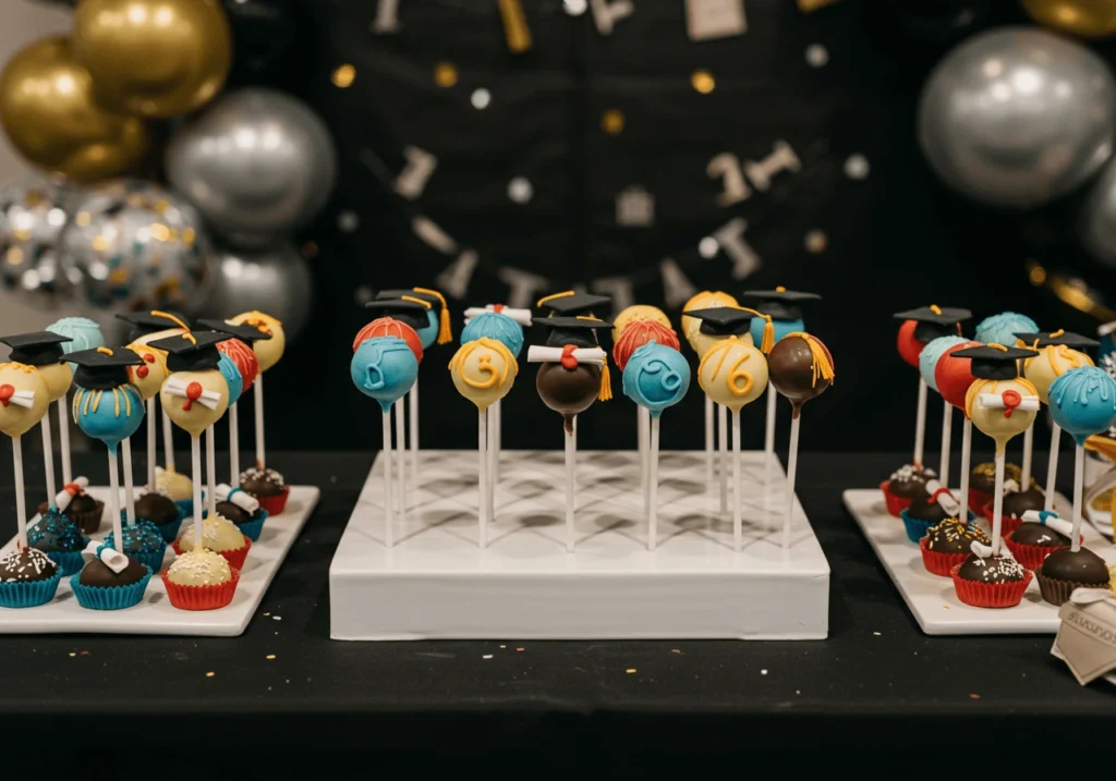 Graduation cake pops with edible caps and tassels on a festive table