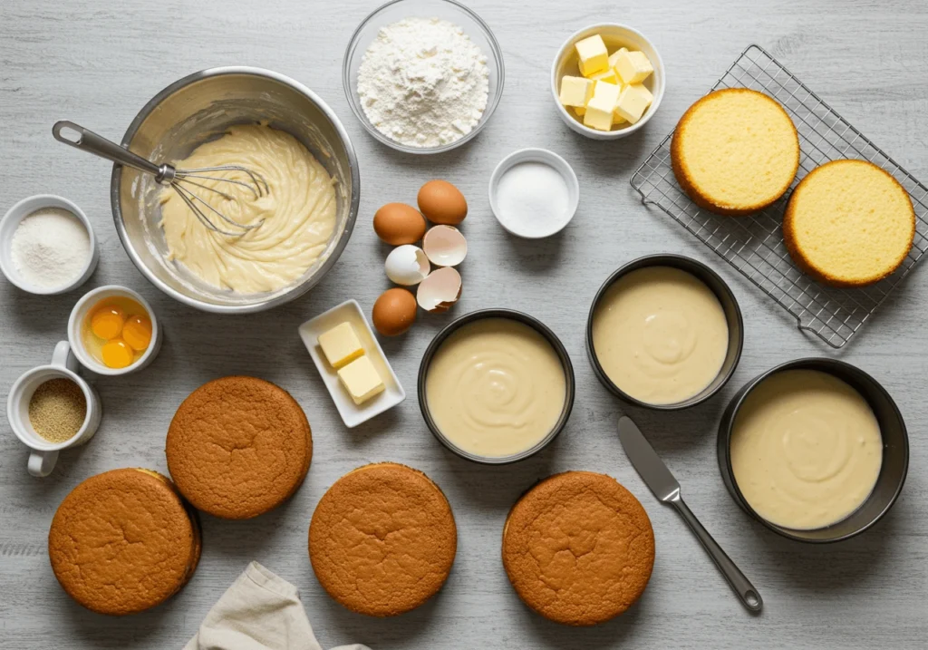 Baking process for gender reveal cake with batter and ingredients