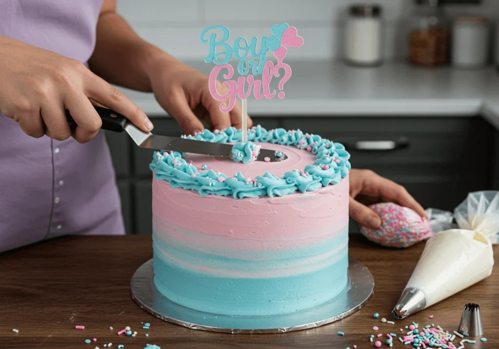 Decorating a gender reveal cake with pink and blue frosting