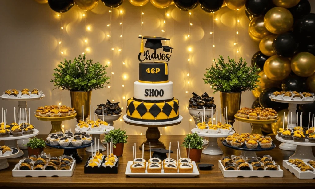 Graduation cake table with a two-tiered cake and desserts