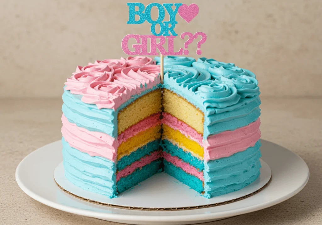 Gender reveal cake with pastel frosting and 'Boy or Girl?' topper