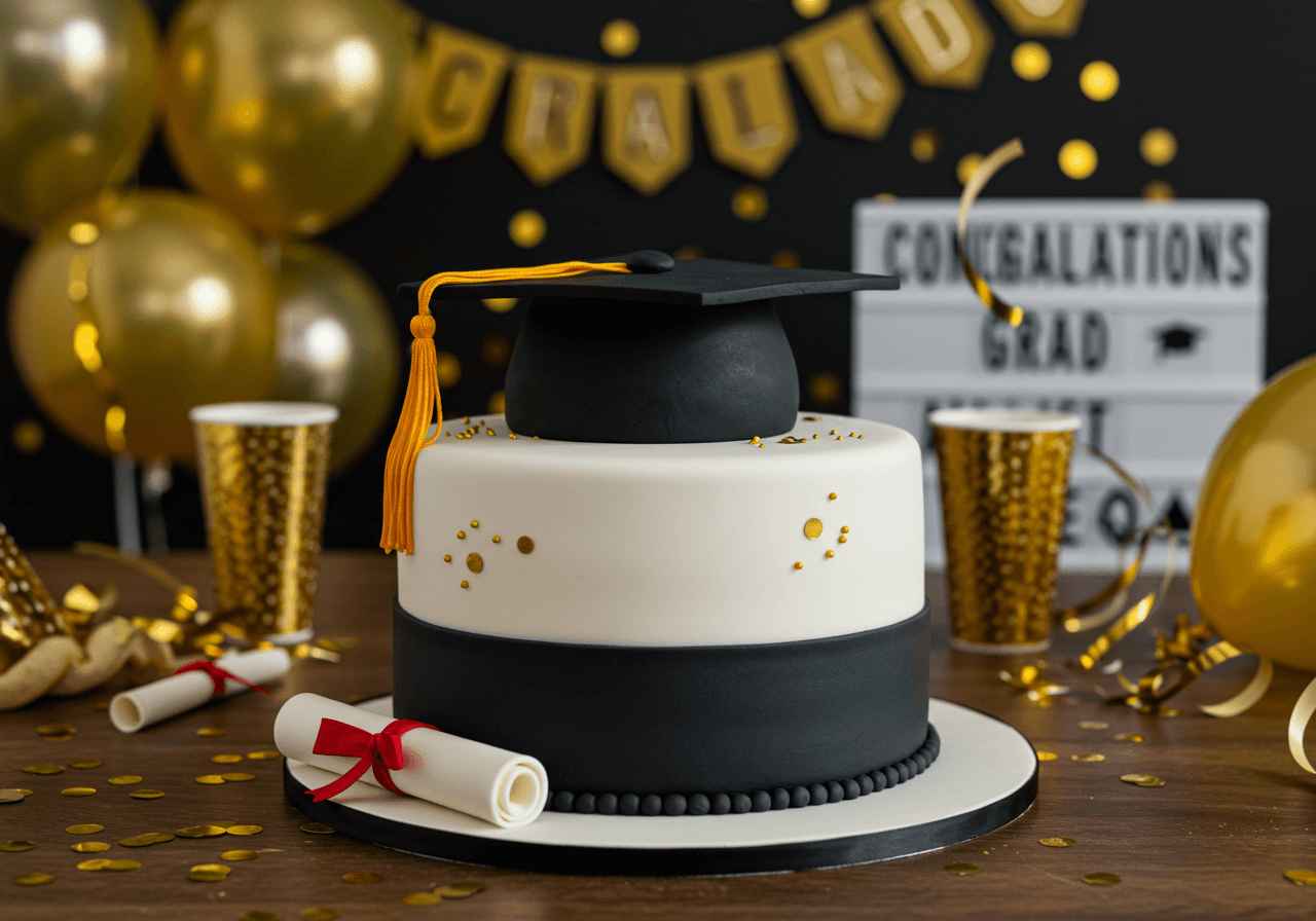 Graduation cake with a black cap and diploma surrounded by party decorations