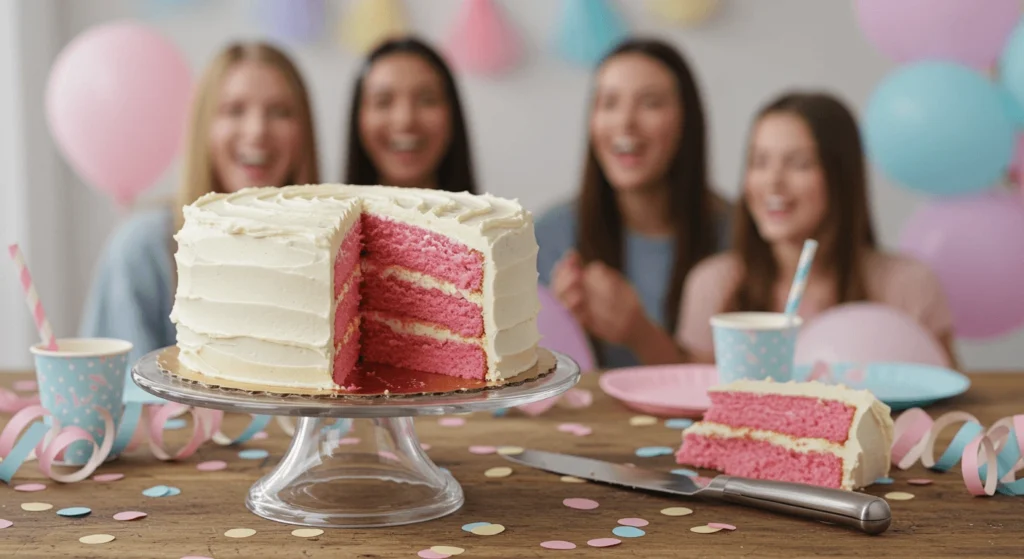 A vibrant gender reveal cake with pink layers inside, surrounded by pastel decorations and happy party guests in the background