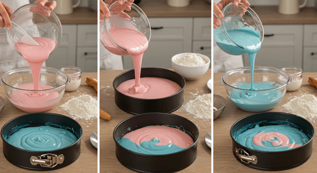 Step-by-step process of preparing pink and blue batter for a gender reveal cake, showing the pouring of colored batter into bowls and cake pans