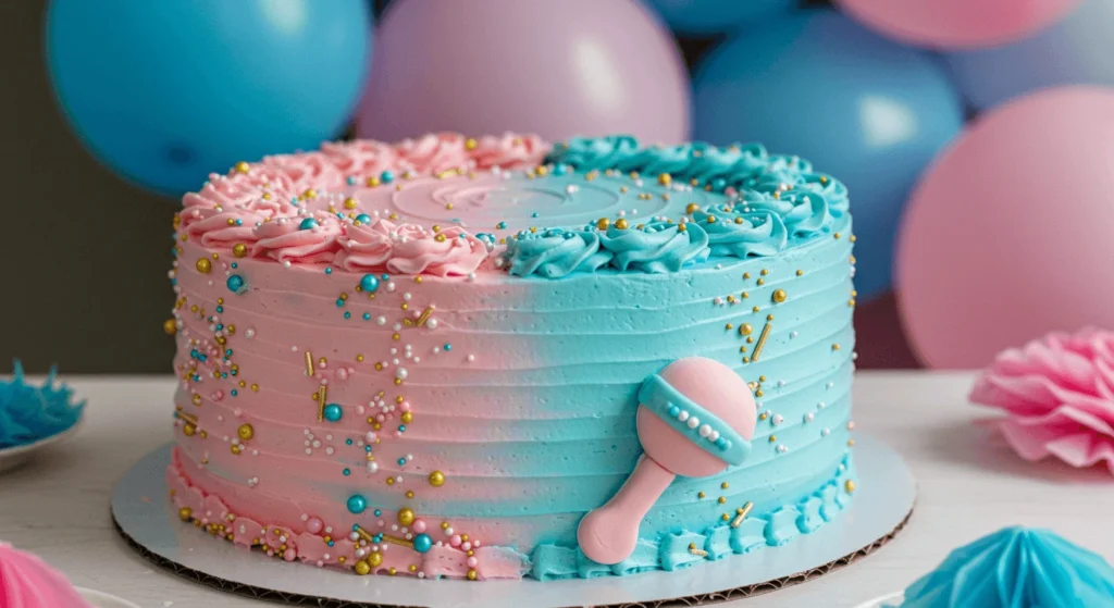 A beautifully decorated gender reveal cake split into pink and blue frosting, adorned with sprinkles and a fondant rattle, with pastel balloons in the background