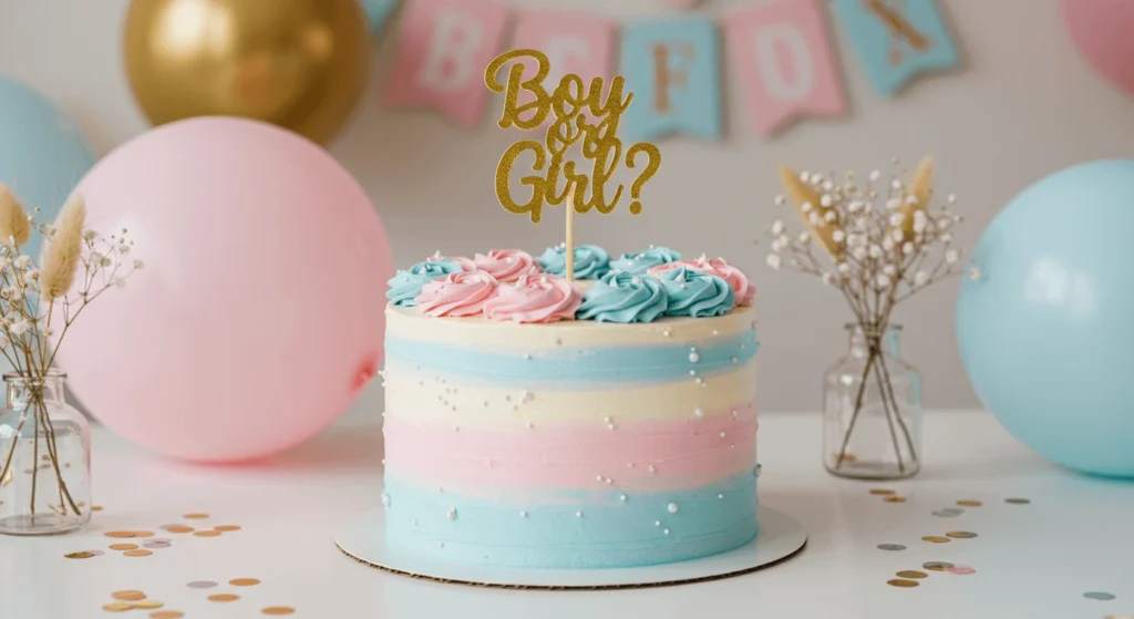 A pastel-colored gender reveal cake on a white table with a 'Boy or Girl?' topper, surrounded by pink and blue balloons, flowers in glass vases, and confetti