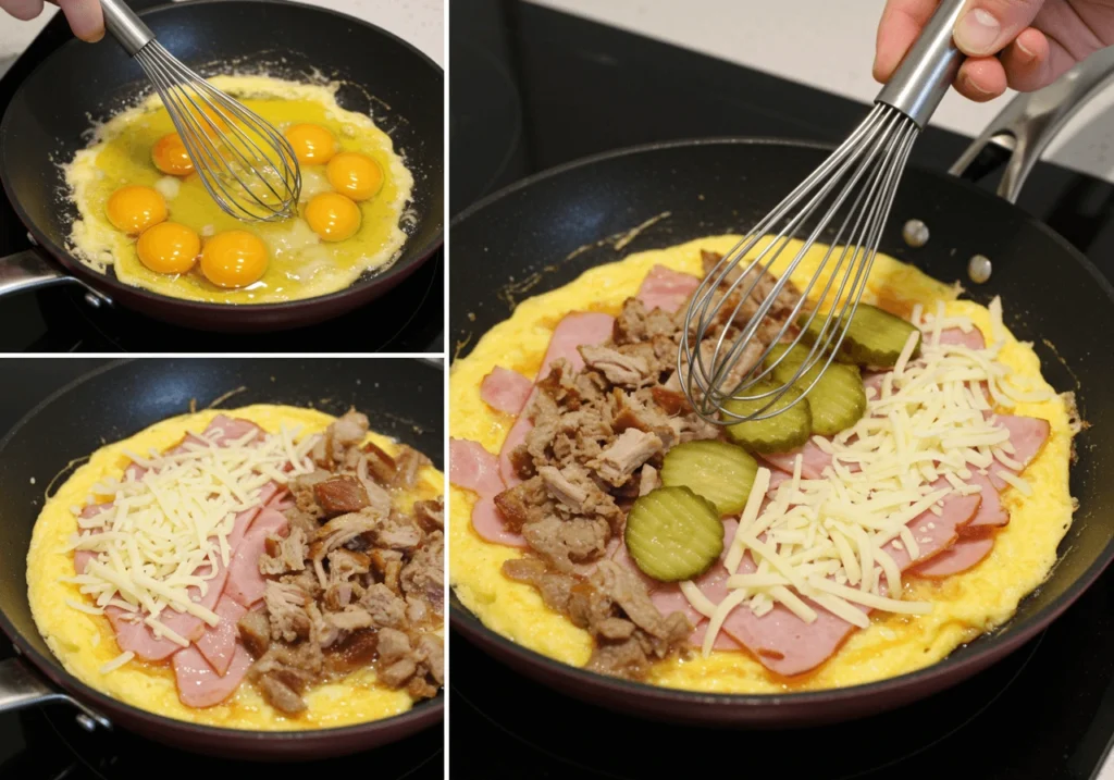 Step-by-step preparation of a Cubano omelette with ham, pork, cheese, and pickles