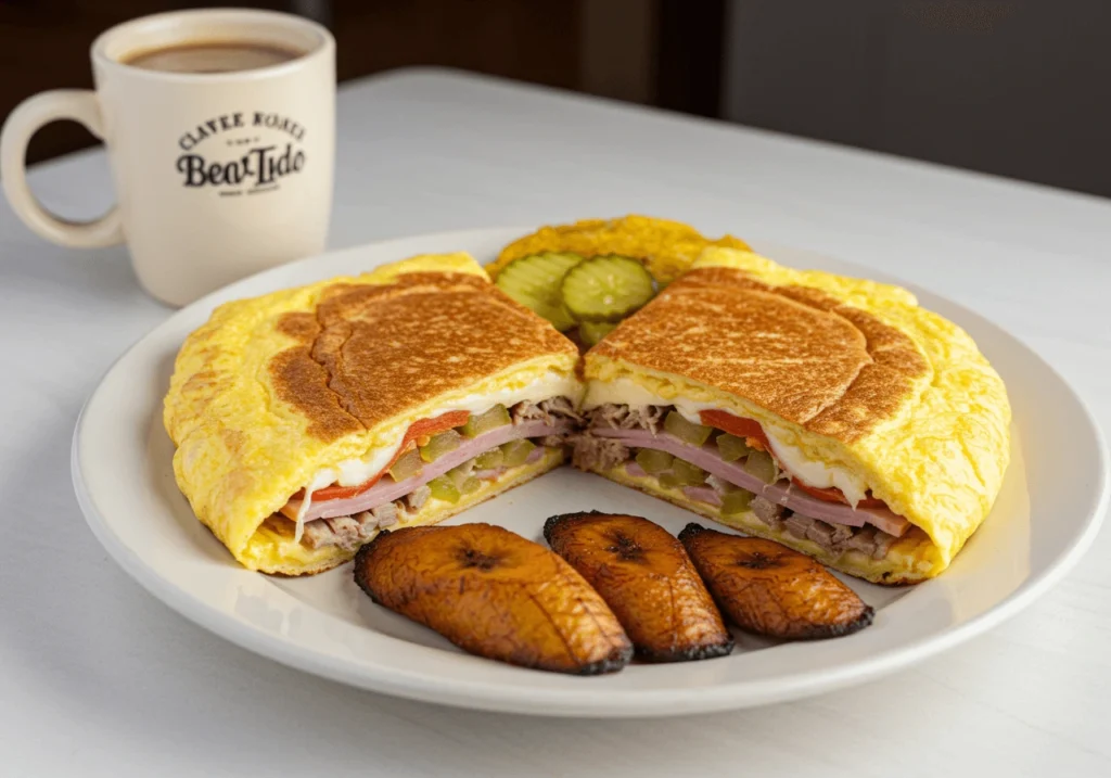 Cubano omelette sliced in half served with fried plantains and cafecito