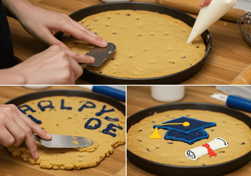 Baking and decorating a graduation cookie cake at home.