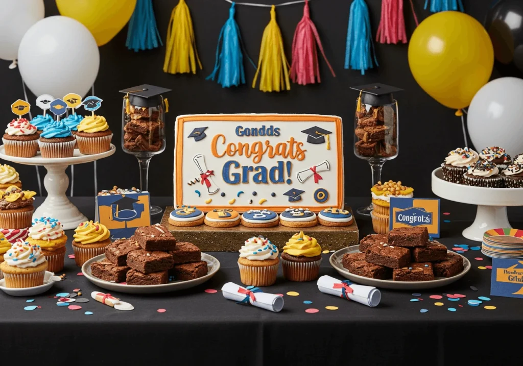 Graduation cookie cake on a dessert table with other treats