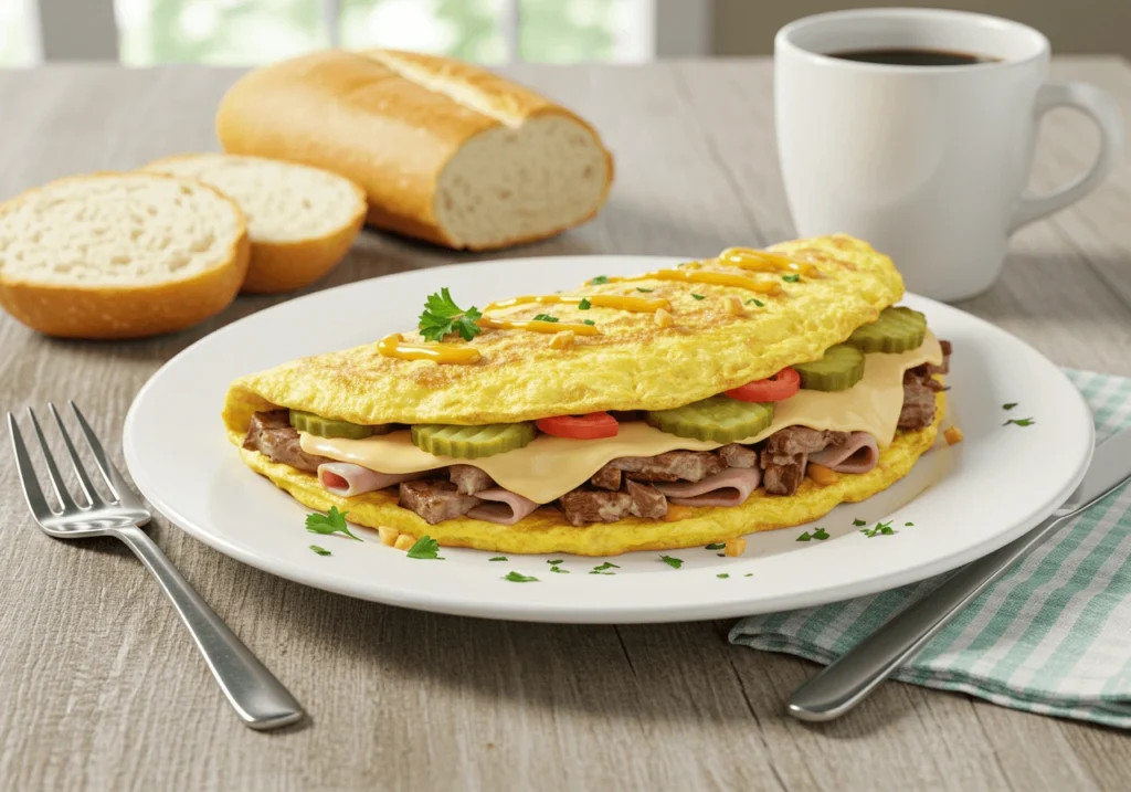 Perfectly plated Cubano omelette with ham, pork, cheese, and pickles on a rustic table