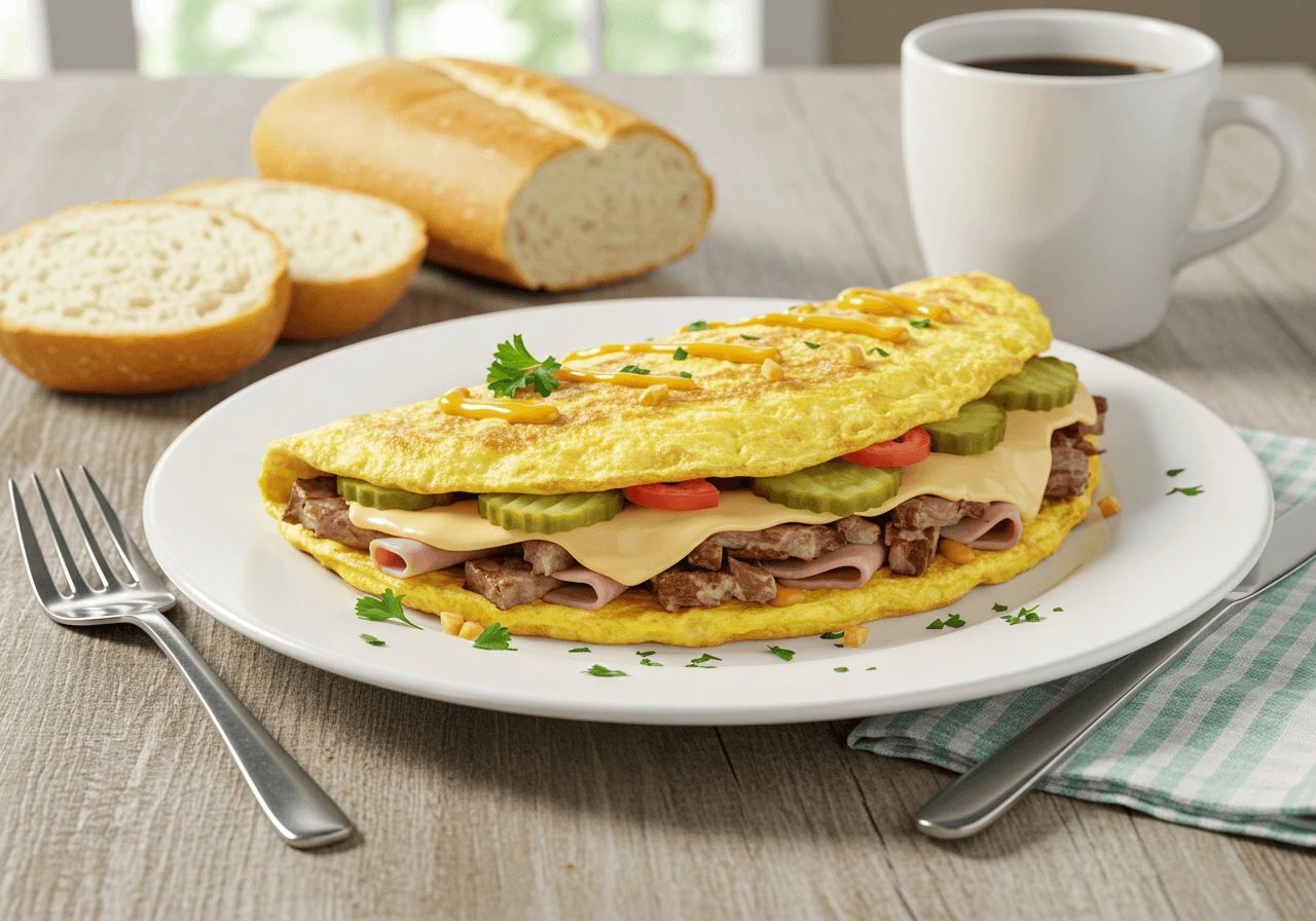 Perfectly plated Cubano omelette with ham, pork, cheese, and pickles on a rustic table