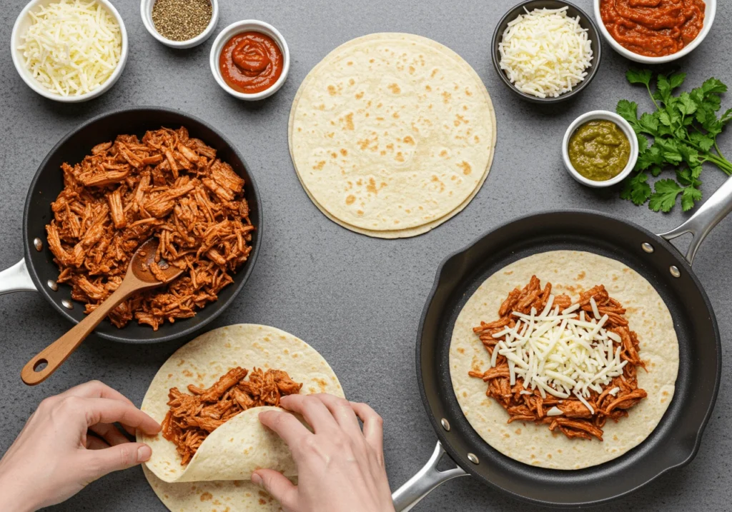 Assembling a birria quesadilla with birria meat and cheese on a skillet