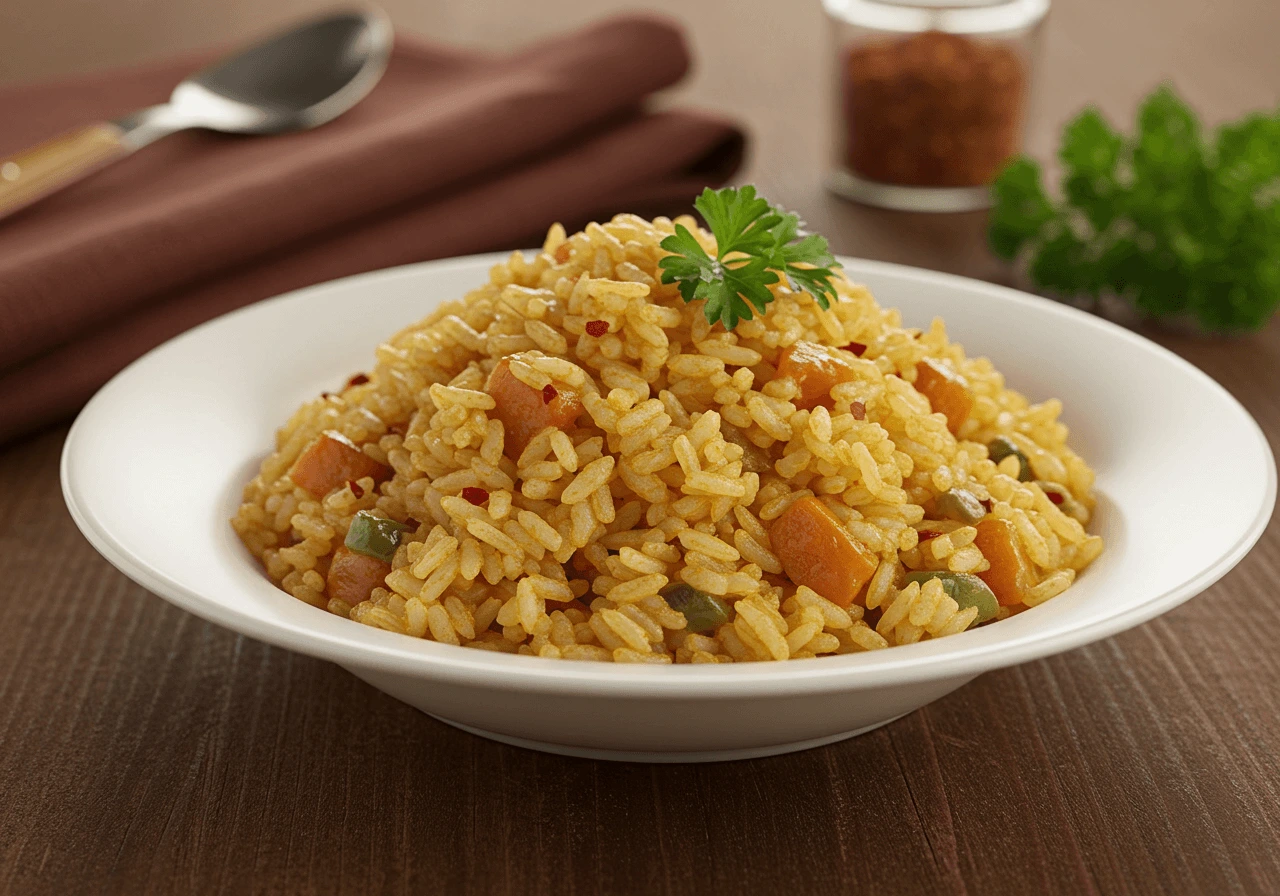 Texas Roadhouse rice served with steak and vegetables on a wooden table