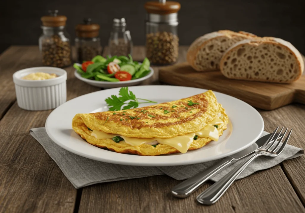 Golden Swiss omelette with melted cheese on a wooden table.