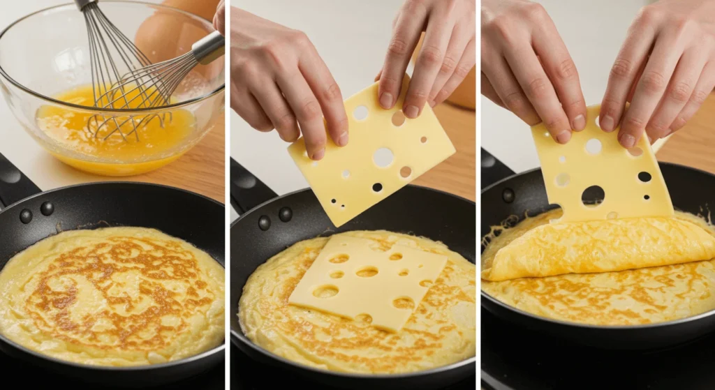 Step-by-step preparation of a Swiss omelette with eggs and cheese