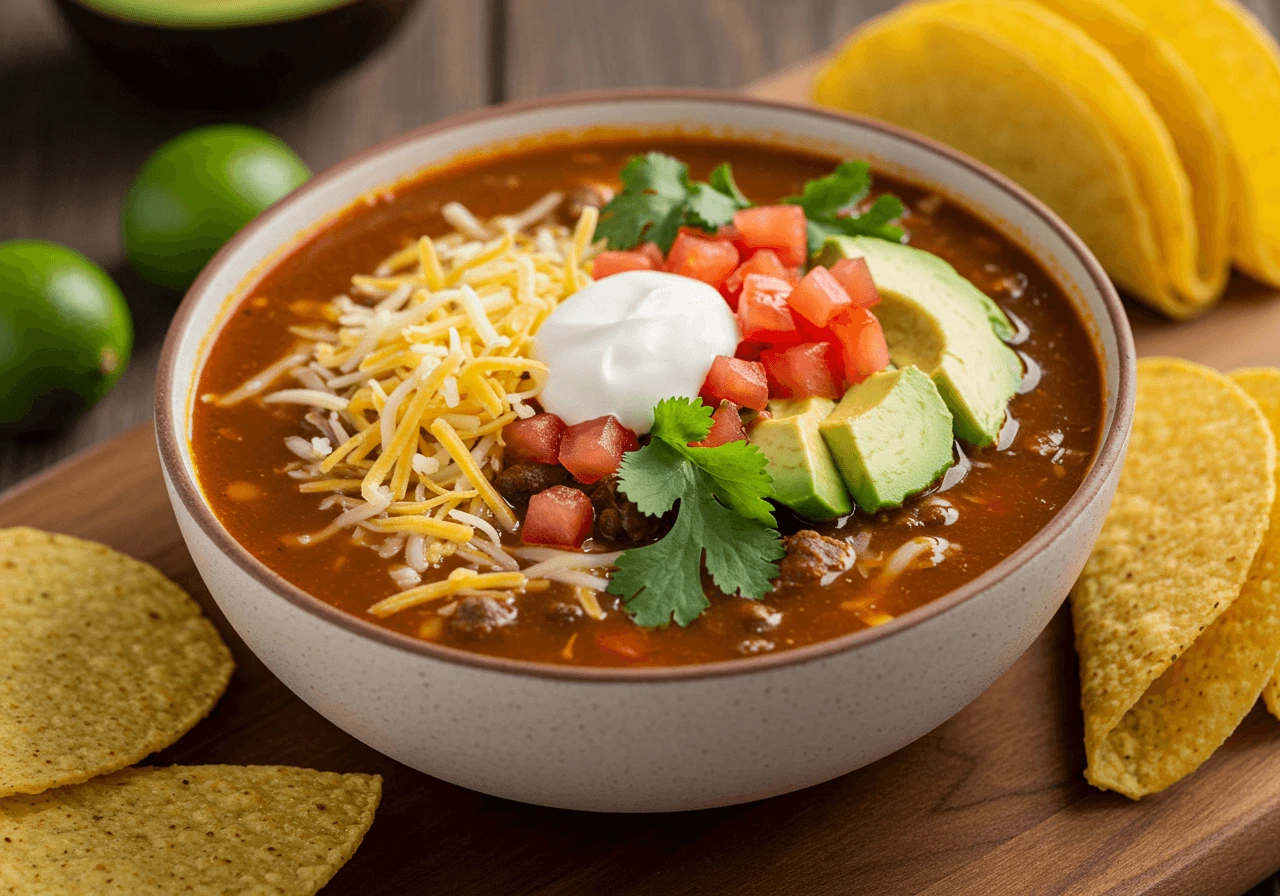 Taco Soup Frios served with crispy frios tacos on a rustic wooden table