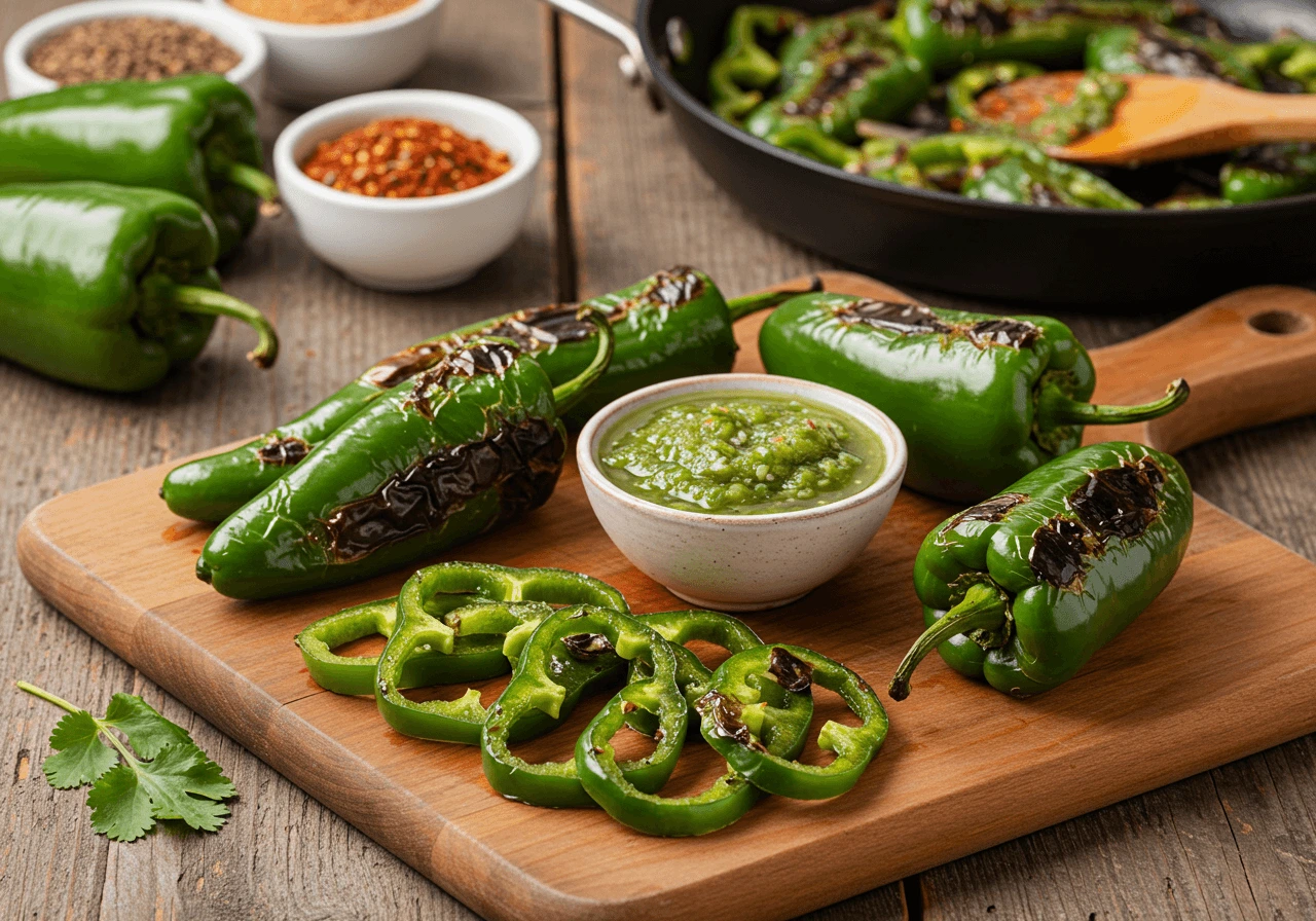 Fresh Anaheim peppers sliced and roasted, surrounded by salsa verde, herbs, and spices on a rustic wooden board