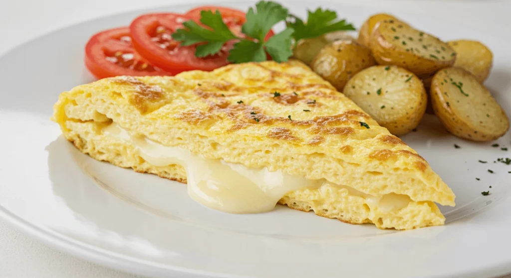 Close-up of a sliced Swiss omelette with melted cheese