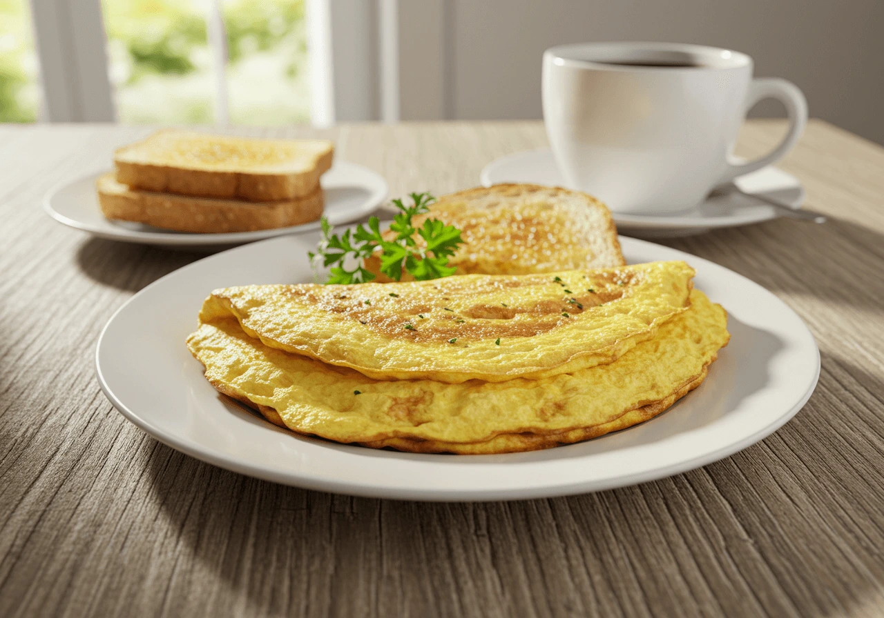 Fluffy omelette served with toast and coffee