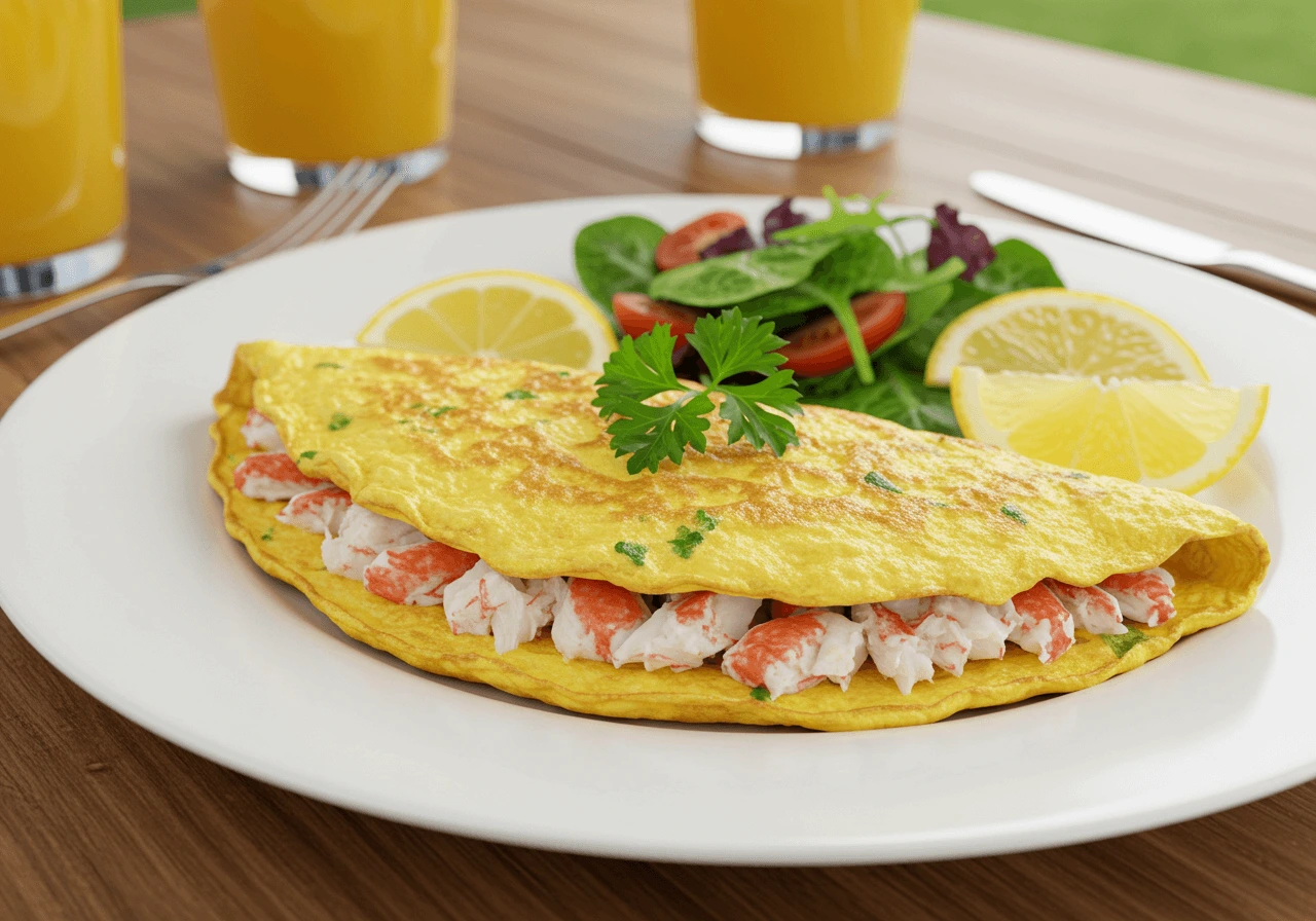 Golden crabmeat omelette garnished with parsley and served with salad