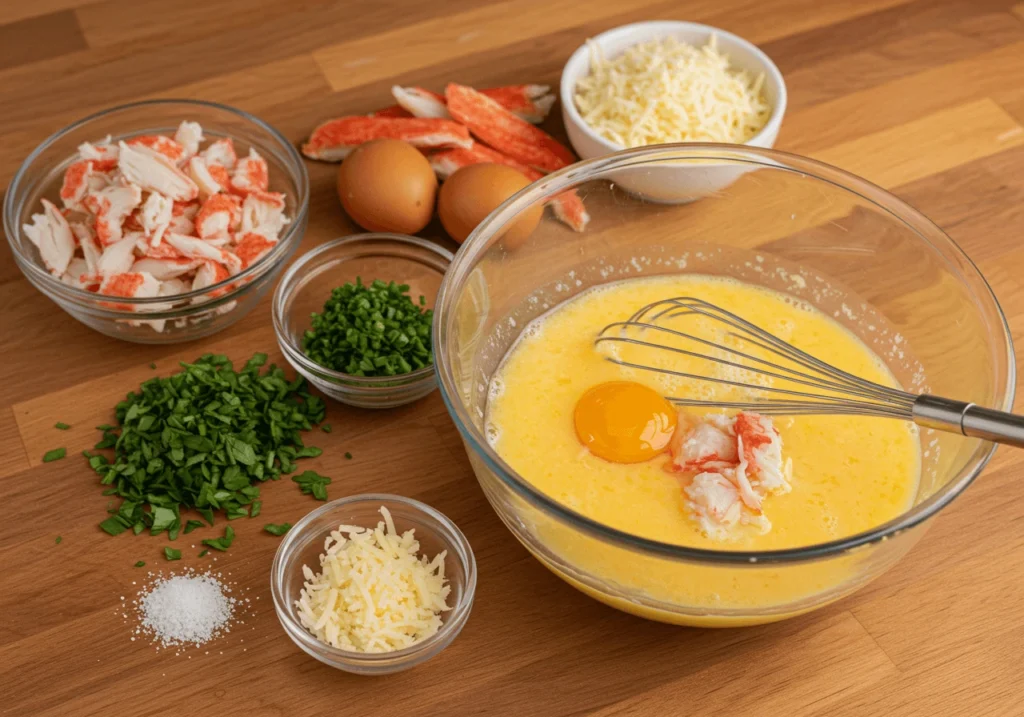 Ingredients for crabmeat omelette preparation, including eggs, crabmeat, and herbs