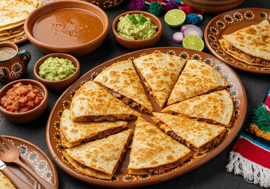 Platter of birria quesadillas with sides like consomé, guacamole, and salsa