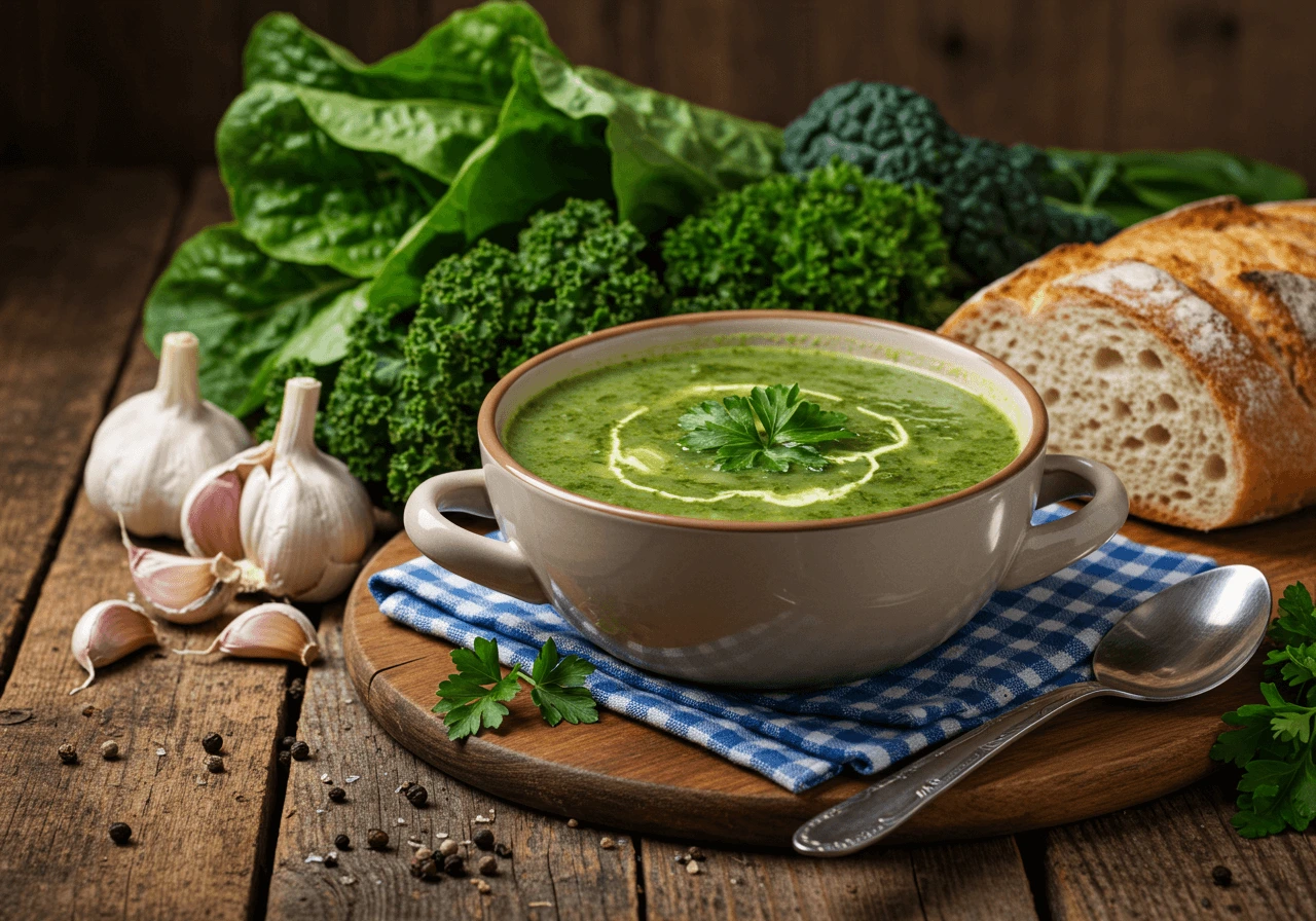 A steaming bowl of swamp soup with leafy greens and parsley