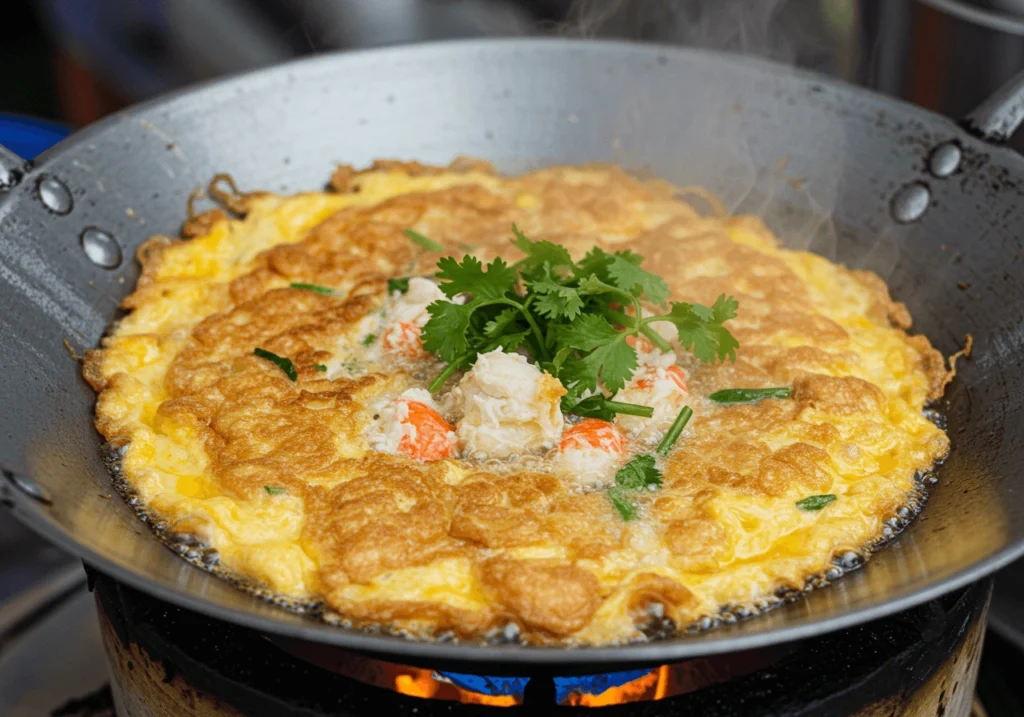 Thai-style crabmeat omelette frying in a wok with golden edges