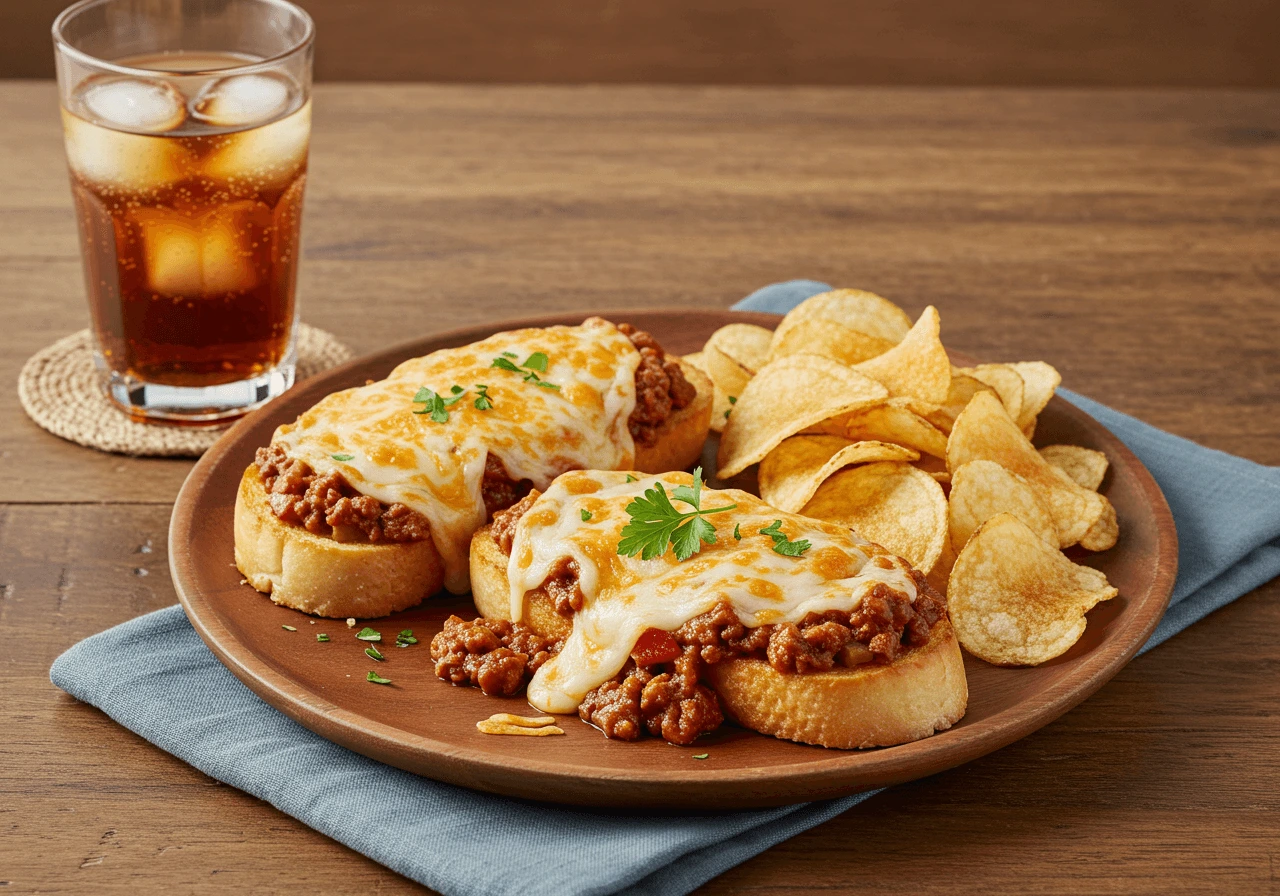 Garlic bread sloppy joes served with chips on a wooden plate