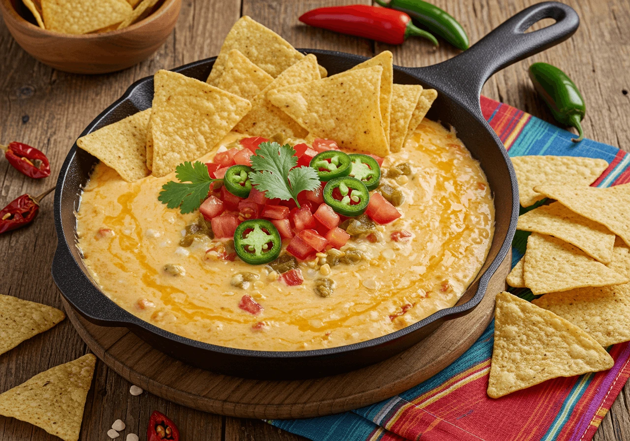 Rustic skillet of cowboy queso surrounded by tortilla chips