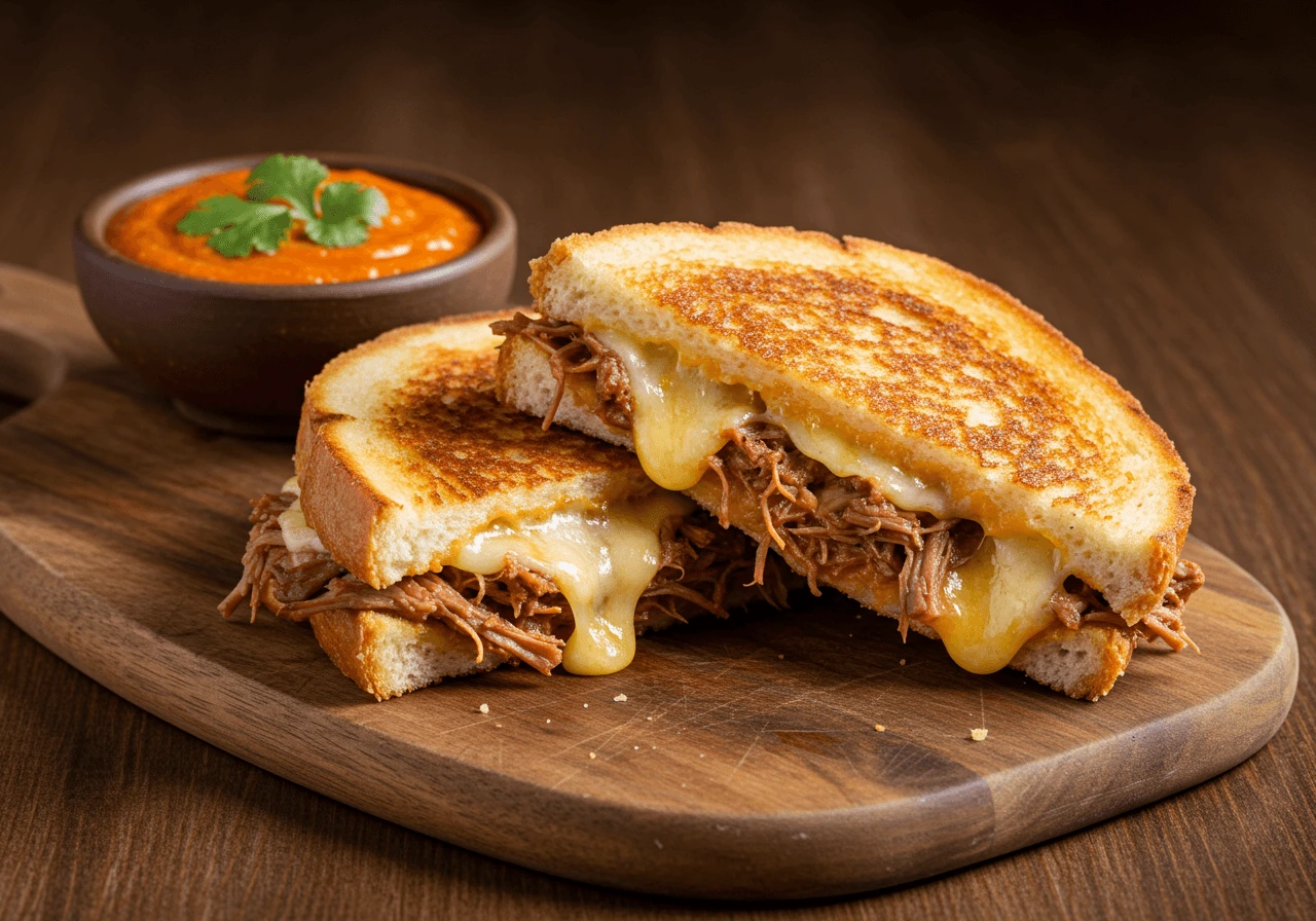 Birria grilled cheese sandwich with birria consomé on a wooden board