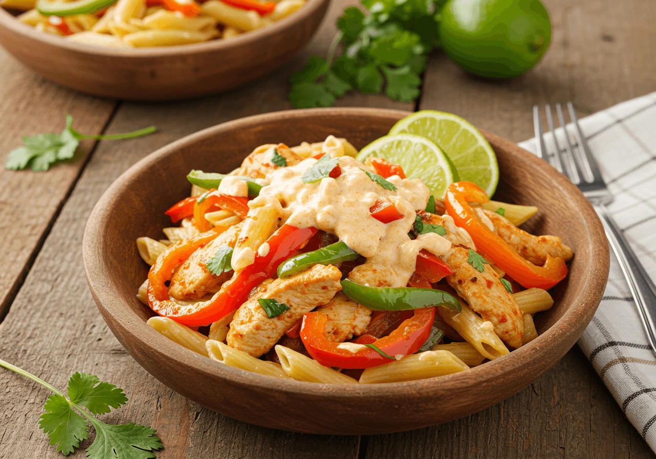 Fajita pasta served in a wooden bowl with vibrant peppers and lime