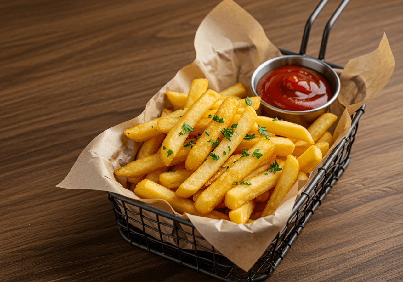 Golden crispy vinegar fries drizzled with vinegar and garnished with fresh parsley