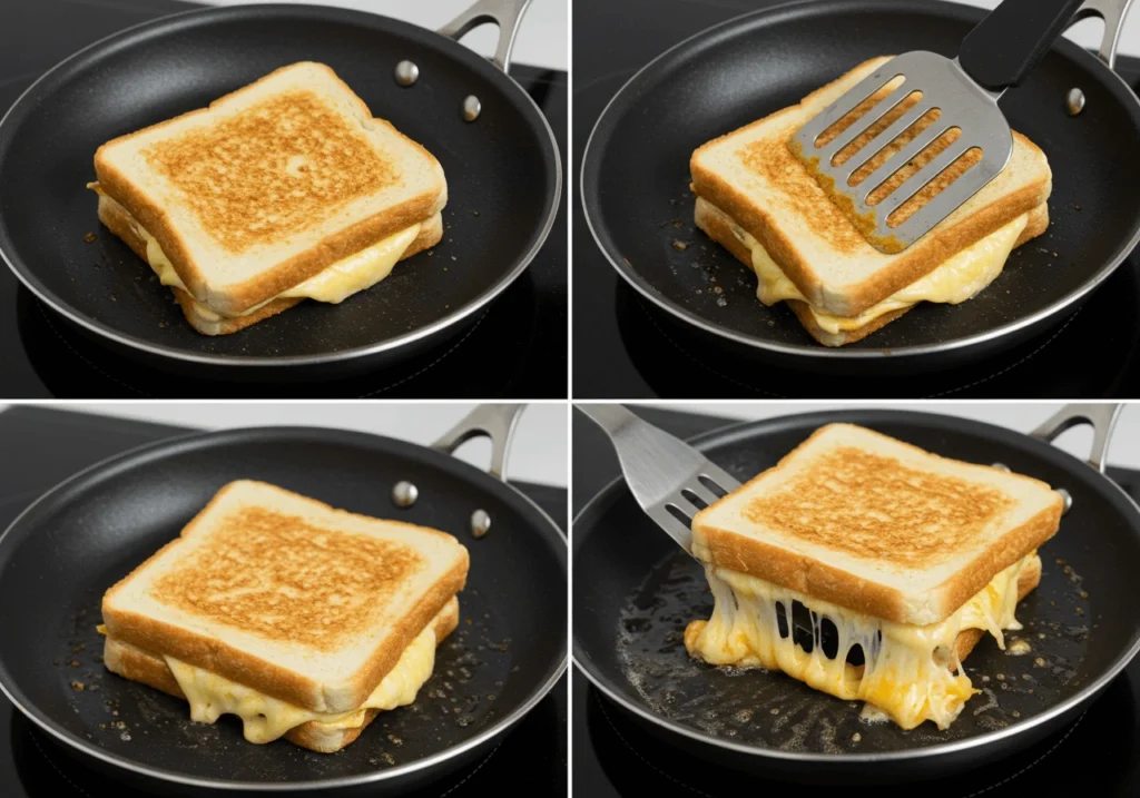 Grilled cheese sandwich being cooked in a skillet with golden-brown bread