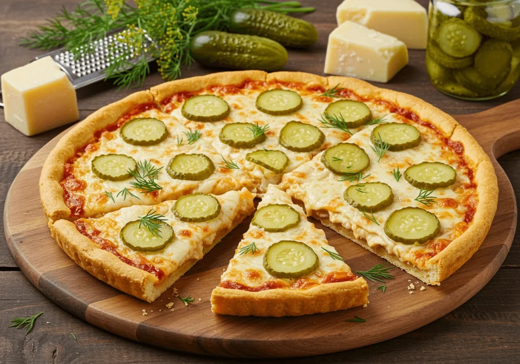 Pickle pie pizza with golden crust and dill pickle slices on a wooden board