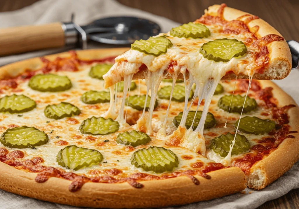 Slice of pickle pie pizza being lifted with gooey melted cheese