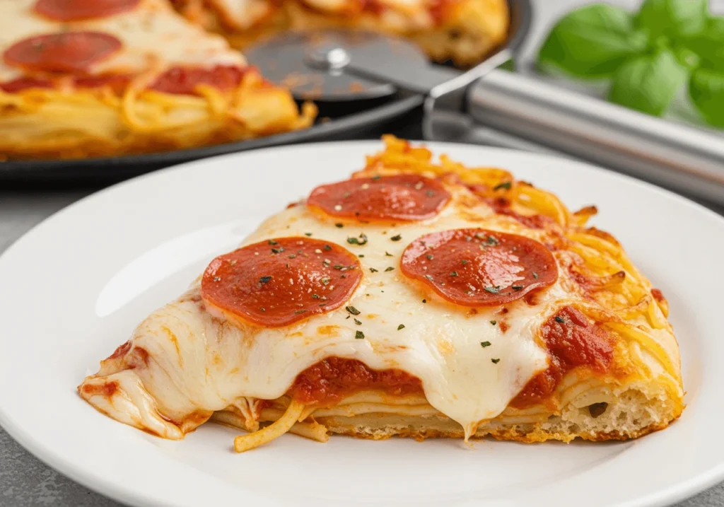 Close-up of a slice of spaghetti pizza on a plate