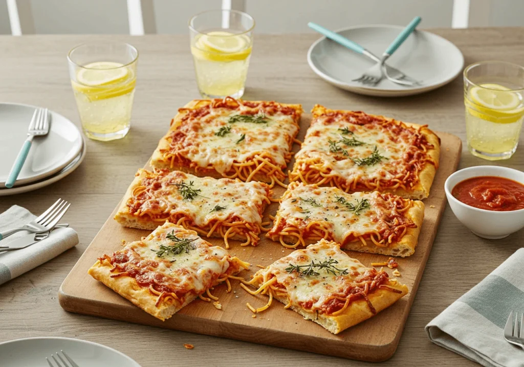 Spaghetti pizza served in a family dinner setting