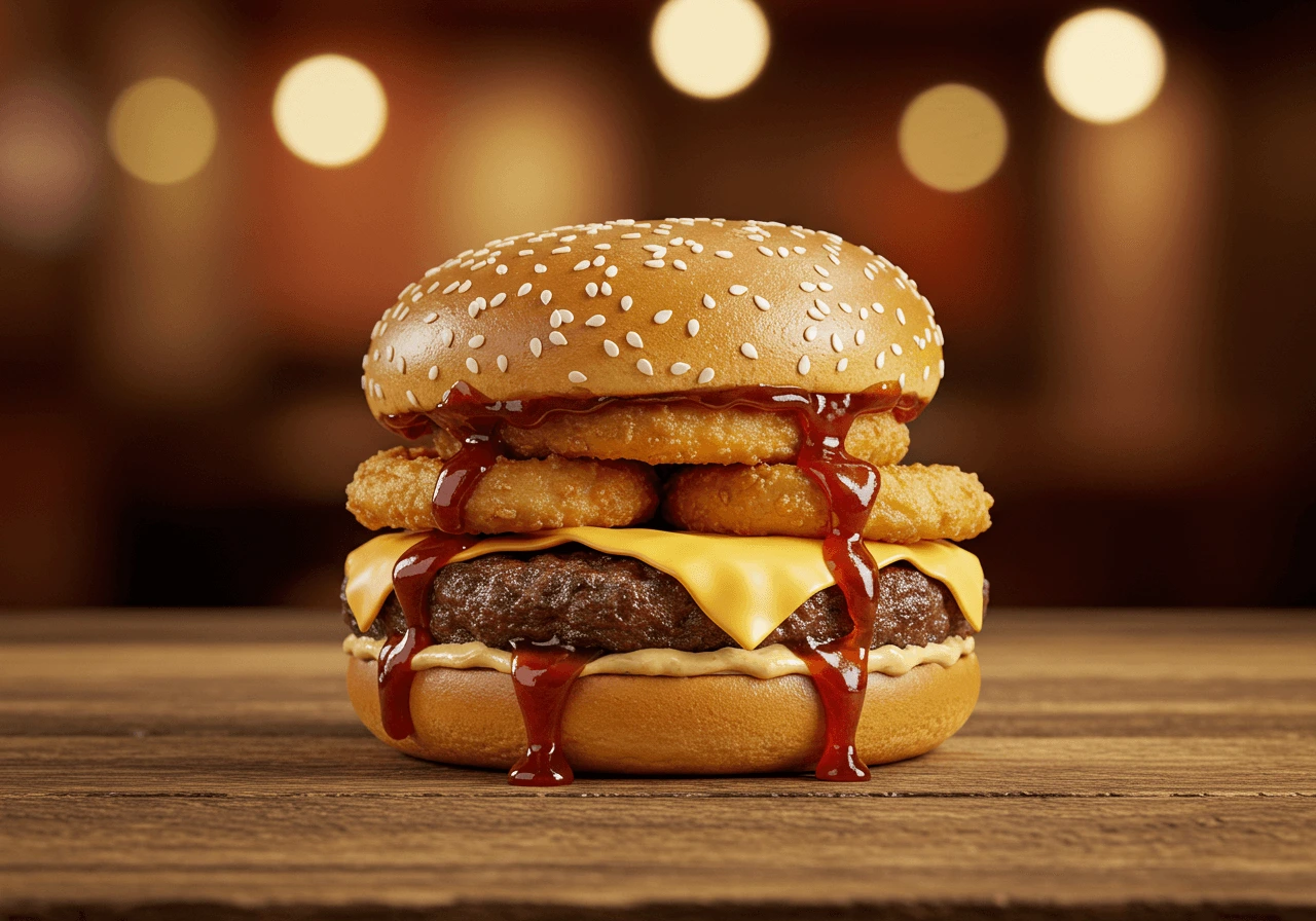 Juicy rodeo burger with onion rings and BBQ sauce