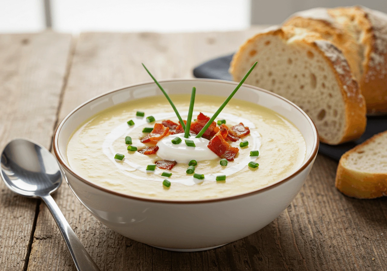 Steaming bowl of Benignis potato soup topped with chives, bacon, and sour cream