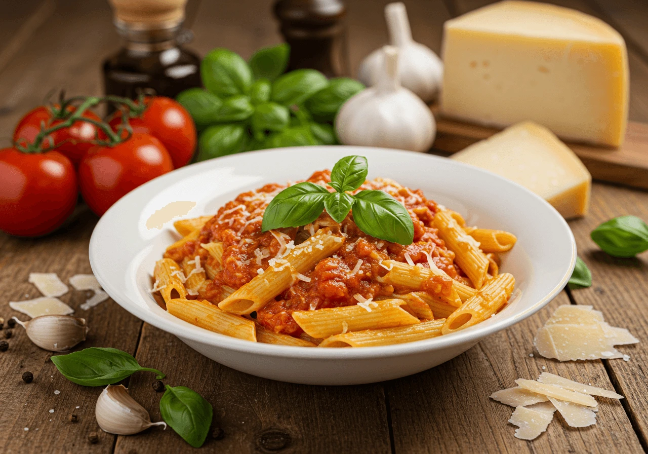 A bowl of pasta with five cheese marinara sauce and fresh basil