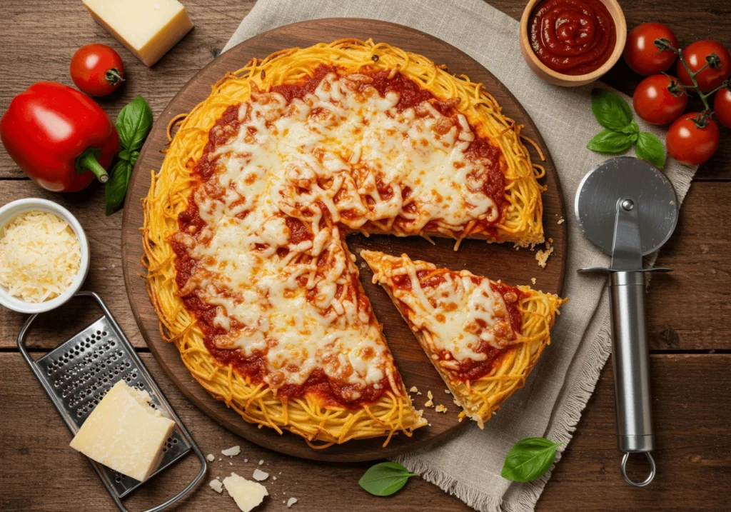 Top-down view of a delicious spaghetti pizza with basil and cheese