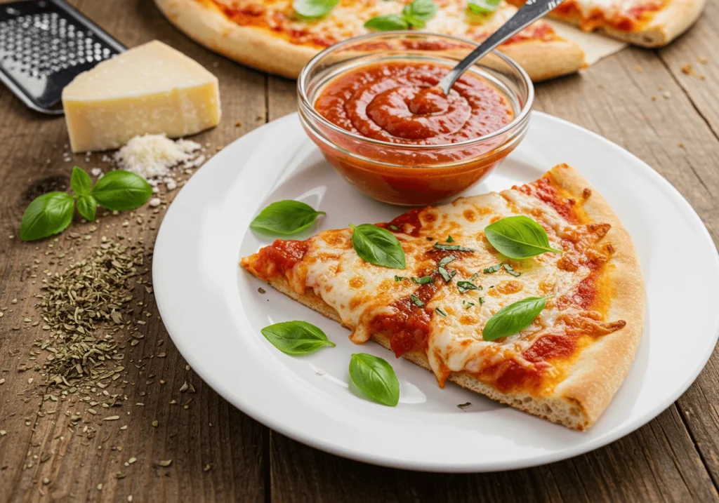 Thin-crust pizza slice with Marks sweet pizza sauce