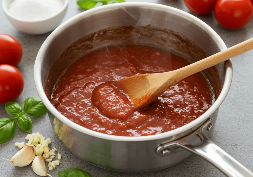 Simmering Marks sweet pizza sauce in a saucepan