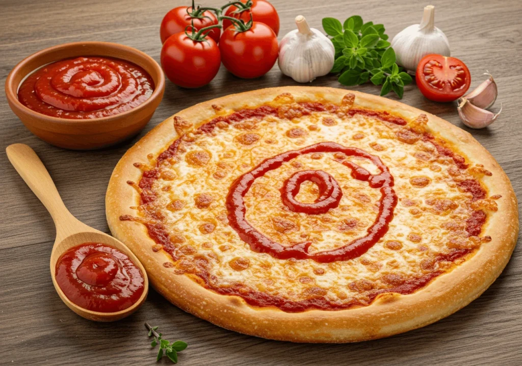 Freshly baked pizza with Mark's sweet pizza sauce