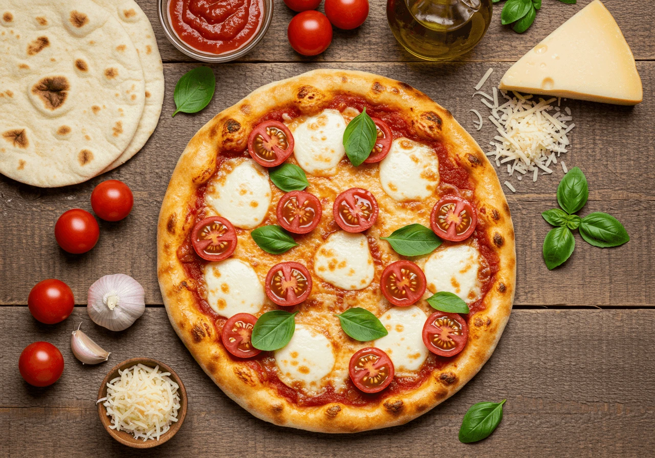 Freshly baked naan pizza with toppings and ingredients