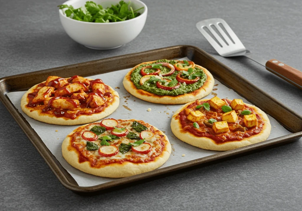 Mini naan pizzas with assorted toppings on a baking tray