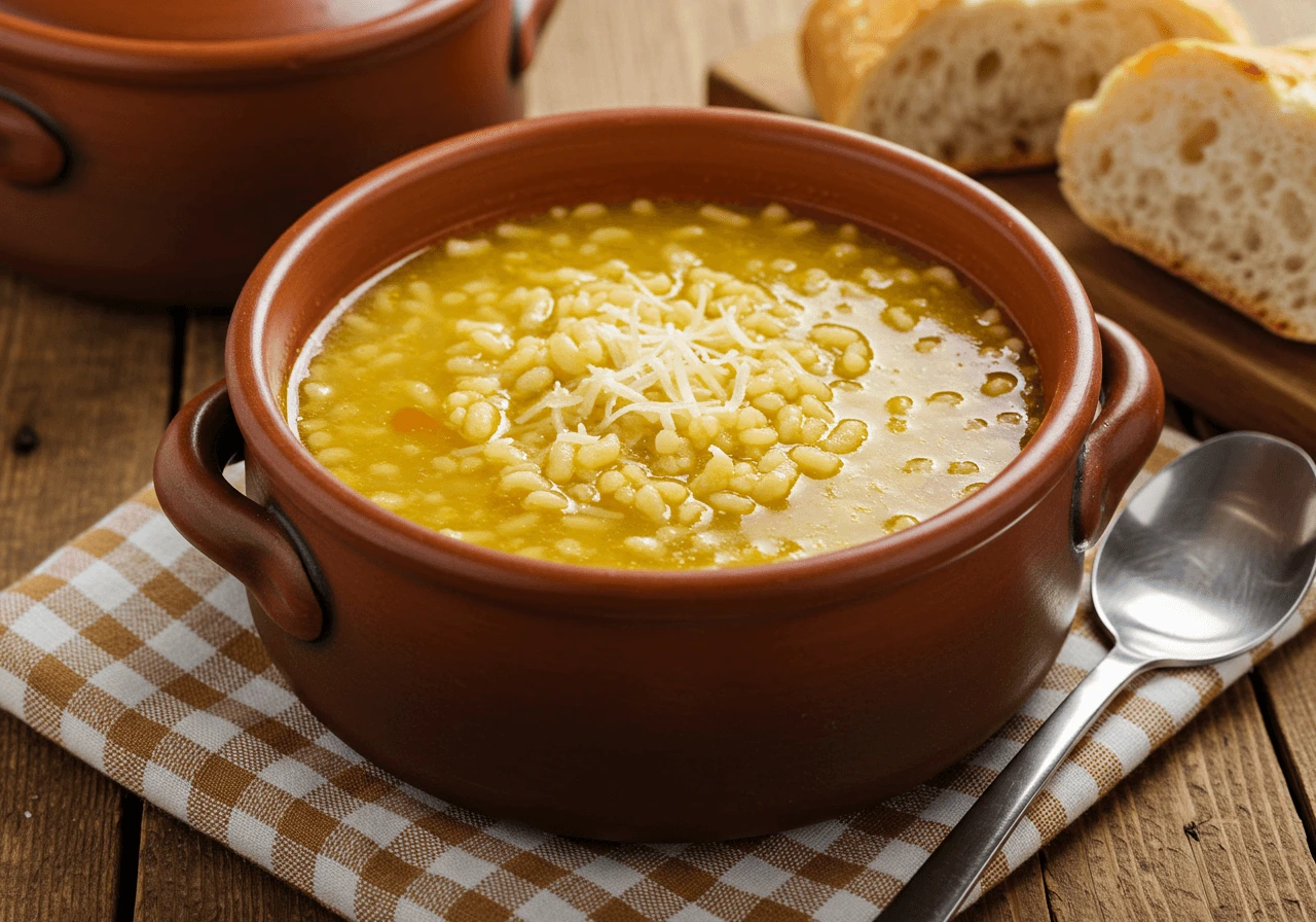 Warm bowl of pastina soup with Parmesan