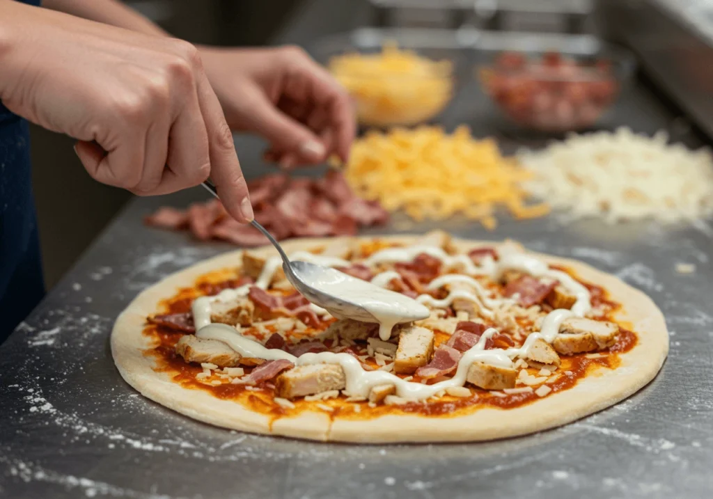 Spreading ranch sauce on pizza dough with toppings nearby